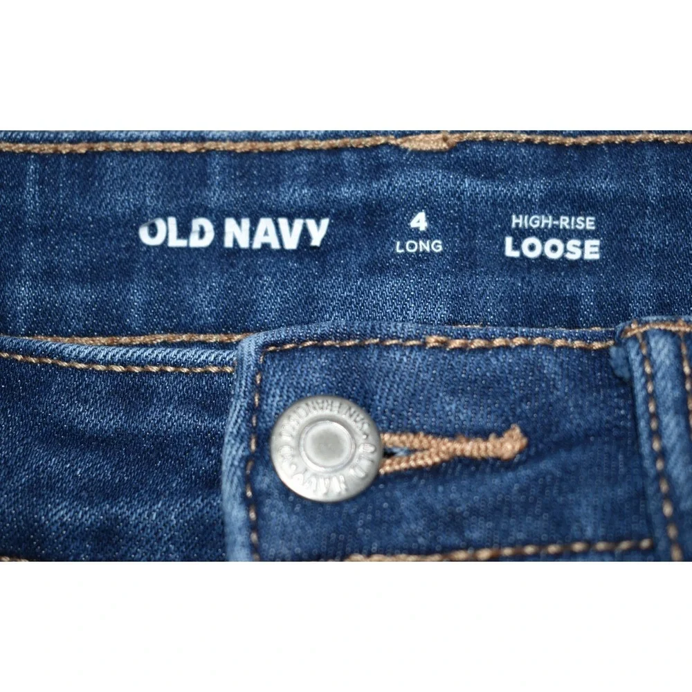 Old Navy Women 4 Loose‎ Jeans Long Wide Leg High Rise Blue Denim Cotton Stretch